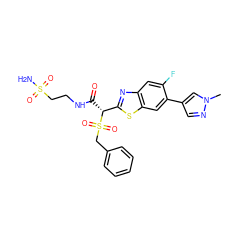 Cn1cc(-c2cc3sc([C@@H](C(=O)NCCS(N)(=O)=O)S(=O)(=O)Cc4ccccc4)nc3cc2F)cn1 ZINC000144288872