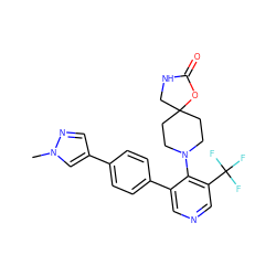 Cn1cc(-c2ccc(-c3cncc(C(F)(F)F)c3N3CCC4(CC3)CNC(=O)O4)cc2)cn1 ZINC000653849087