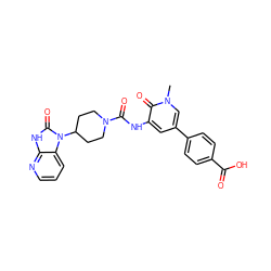 Cn1cc(-c2ccc(C(=O)O)cc2)cc(NC(=O)N2CCC(n3c(=O)[nH]c4ncccc43)CC2)c1=O ZINC000029128755