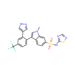 Cn1cc(-c2ccc(C(F)(F)F)cc2-c2cn[nH]c2)c2ccc(S(=O)(=O)Nc3ncns3)cc21 ZINC000205419387
