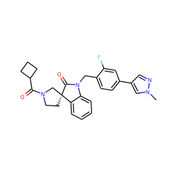 Cn1cc(-c2ccc(CN3C(=O)[C@@]4(CCN(C(=O)C5CCC5)C4)c4ccccc43)c(F)c2)cn1 ZINC000095588224