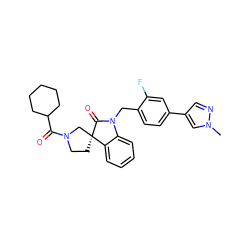 Cn1cc(-c2ccc(CN3C(=O)[C@@]4(CCN(C(=O)C5CCCCC5)C4)c4ccccc43)c(F)c2)cn1 ZINC000095587273