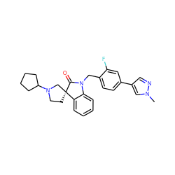 Cn1cc(-c2ccc(CN3C(=O)[C@@]4(CCN(C5CCCC5)C4)c4ccccc43)c(F)c2)cn1 ZINC000095591856