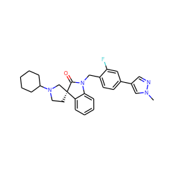 Cn1cc(-c2ccc(CN3C(=O)[C@@]4(CCN(C5CCCCC5)C4)c4ccccc43)c(F)c2)cn1 ZINC000095591714