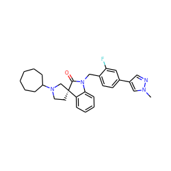 Cn1cc(-c2ccc(CN3C(=O)[C@@]4(CCN(C5CCCCCC5)C4)c4ccccc43)c(F)c2)cn1 ZINC000095591283