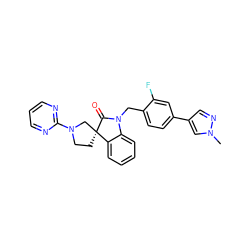 Cn1cc(-c2ccc(CN3C(=O)[C@@]4(CCN(c5ncccn5)C4)c4ccccc43)c(F)c2)cn1 ZINC000095591421