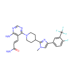 Cn1cc(-c2ccc(F)c(C(F)(F)F)c2)nc1C1CCN(c2ncnc(N)c2/C=C/C(N)=O)CC1 ZINC000218701051