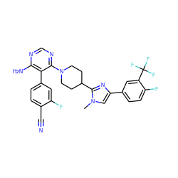 Cn1cc(-c2ccc(F)c(C(F)(F)F)c2)nc1C1CCN(c2ncnc(N)c2-c2ccc(C#N)c(F)c2)CC1 ZINC000219091426