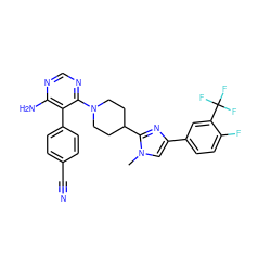 Cn1cc(-c2ccc(F)c(C(F)(F)F)c2)nc1C1CCN(c2ncnc(N)c2-c2ccc(C#N)cc2)CC1 ZINC000218710619