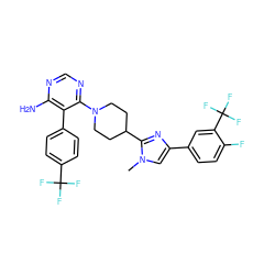 Cn1cc(-c2ccc(F)c(C(F)(F)F)c2)nc1C1CCN(c2ncnc(N)c2-c2ccc(C(F)(F)F)cc2)CC1 ZINC000219776502