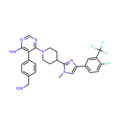 Cn1cc(-c2ccc(F)c(C(F)(F)F)c2)nc1C1CCN(c2ncnc(N)c2-c2ccc(CN)cc2)CC1 ZINC000218703033