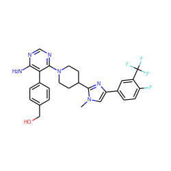 Cn1cc(-c2ccc(F)c(C(F)(F)F)c2)nc1C1CCN(c2ncnc(N)c2-c2ccc(CO)cc2)CC1 ZINC000219731123