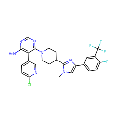 Cn1cc(-c2ccc(F)c(C(F)(F)F)c2)nc1C1CCN(c2ncnc(N)c2-c2ccc(Cl)nc2)CC1 ZINC000219090154