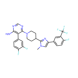 Cn1cc(-c2ccc(F)c(C(F)(F)F)c2)nc1C1CCN(c2ncnc(N)c2-c2ccc(F)c(F)c2)CC1 ZINC000219093269