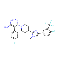 Cn1cc(-c2ccc(F)c(C(F)(F)F)c2)nc1C1CCN(c2ncnc(N)c2-c2ccc(F)cc2)CC1 ZINC000218679084