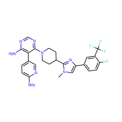 Cn1cc(-c2ccc(F)c(C(F)(F)F)c2)nc1C1CCN(c2ncnc(N)c2-c2ccc(N)nc2)CC1 ZINC000219777671