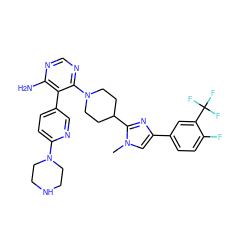 Cn1cc(-c2ccc(F)c(C(F)(F)F)c2)nc1C1CCN(c2ncnc(N)c2-c2ccc(N3CCNCC3)nc2)CC1 ZINC000218716412