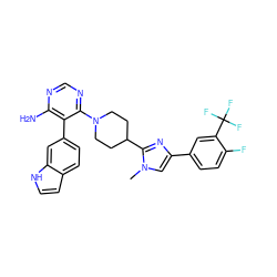 Cn1cc(-c2ccc(F)c(C(F)(F)F)c2)nc1C1CCN(c2ncnc(N)c2-c2ccc3cc[nH]c3c2)CC1 ZINC000219737515