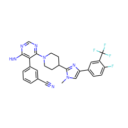 Cn1cc(-c2ccc(F)c(C(F)(F)F)c2)nc1C1CCN(c2ncnc(N)c2-c2cccc(C#N)c2)CC1 ZINC000219092109