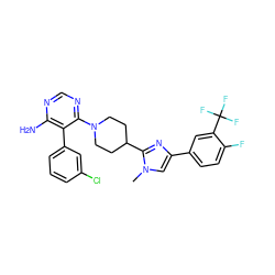 Cn1cc(-c2ccc(F)c(C(F)(F)F)c2)nc1C1CCN(c2ncnc(N)c2-c2cccc(Cl)c2)CC1 ZINC000219095993