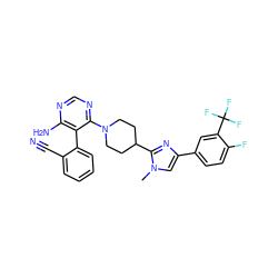 Cn1cc(-c2ccc(F)c(C(F)(F)F)c2)nc1C1CCN(c2ncnc(N)c2-c2ccccc2C#N)CC1 ZINC000219095197