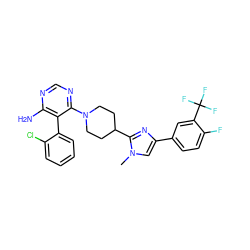 Cn1cc(-c2ccc(F)c(C(F)(F)F)c2)nc1C1CCN(c2ncnc(N)c2-c2ccccc2Cl)CC1 ZINC000219737125