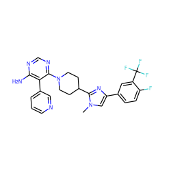 Cn1cc(-c2ccc(F)c(C(F)(F)F)c2)nc1C1CCN(c2ncnc(N)c2-c2cccnc2)CC1 ZINC000219090751