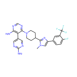 Cn1cc(-c2ccc(F)c(C(F)(F)F)c2)nc1C1CCN(c2ncnc(N)c2-c2cnc(N)nc2)CC1 ZINC000219095475