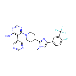 Cn1cc(-c2ccc(F)c(C(F)(F)F)c2)nc1C1CCN(c2ncnc(N)c2-c2cncnc2)CC1 ZINC000219777267