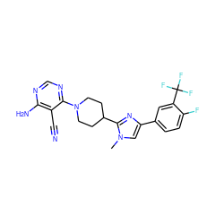 Cn1cc(-c2ccc(F)c(C(F)(F)F)c2)nc1C1CCN(c2ncnc(N)c2C#N)CC1 ZINC000218676929