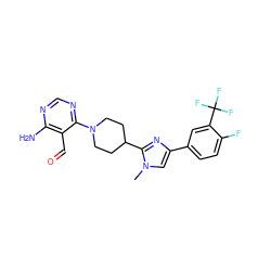 Cn1cc(-c2ccc(F)c(C(F)(F)F)c2)nc1C1CCN(c2ncnc(N)c2C=O)CC1 ZINC000218705798