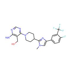 Cn1cc(-c2ccc(F)c(C(F)(F)F)c2)nc1C1CCN(c2ncnc(N)c2CO)CC1 ZINC000219095589