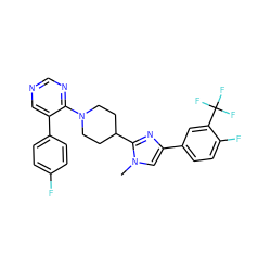 Cn1cc(-c2ccc(F)c(C(F)(F)F)c2)nc1C1CCN(c2ncncc2-c2ccc(F)cc2)CC1 ZINC000219090463