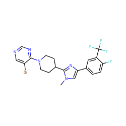 Cn1cc(-c2ccc(F)c(C(F)(F)F)c2)nc1C1CCN(c2ncncc2Br)CC1 ZINC000218722288