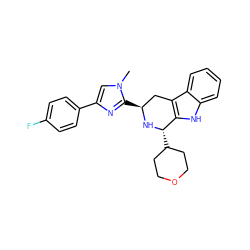 Cn1cc(-c2ccc(F)cc2)nc1[C@H]1Cc2c([nH]c3ccccc23)[C@H](C2CCOCC2)N1 ZINC000653740487