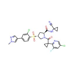 Cn1cc(-c2ccc(S(=O)(=O)[C@@H]3C[C@@H](C(=O)NC4(C#N)CC4)N(C(=O)C4(c5ncc(Cl)cc5F)CC4)C3)c(Cl)c2)cn1 ZINC000211114339