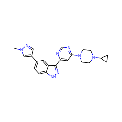 Cn1cc(-c2ccc3[nH]nc(-c4cc(N5CCN(C6CC6)CC5)ncn4)c3c2)cn1 ZINC000221077344