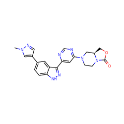 Cn1cc(-c2ccc3[nH]nc(-c4cc(N5CCN6C(=O)OC[C@@H]6C5)ncn4)c3c2)cn1 ZINC000225552416