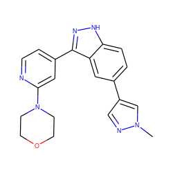 Cn1cc(-c2ccc3[nH]nc(-c4ccnc(N5CCOCC5)c4)c3c2)cn1 ZINC000225686994