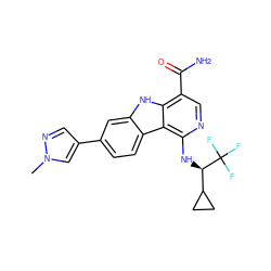 Cn1cc(-c2ccc3c(c2)[nH]c2c(C(N)=O)cnc(N[C@H](C4CC4)C(F)(F)F)c23)cn1 ZINC000043205752