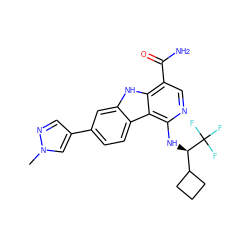 Cn1cc(-c2ccc3c(c2)[nH]c2c(C(N)=O)cnc(N[C@H](C4CCC4)C(F)(F)F)c23)cn1 ZINC000072125779