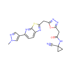 Cn1cc(-c2ccc3nc(Cc4nnc(CC(=O)NC5(C#N)CC5)o4)sc3n2)cn1 ZINC000149926473