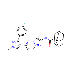 Cn1cc(-c2ccc3nc(NC(=O)C45CC6CC(CC(C6)C4)C5)cn3n2)c(-c2ccc(F)cc2)n1 ZINC001772636323