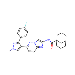 Cn1cc(-c2ccc3nc(NC(=O)C45CCCC(CCC4)C5)cn3n2)c(-c2ccc(F)cc2)n1 ZINC001772582977