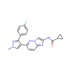 Cn1cc(-c2ccc3nc(NC(=O)C4CC4)cn3n2)c(-c2ccc(F)cc2)n1 ZINC001772580316