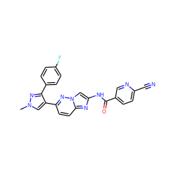 Cn1cc(-c2ccc3nc(NC(=O)c4ccc(C#N)nc4)cn3n2)c(-c2ccc(F)cc2)n1 ZINC001772580241