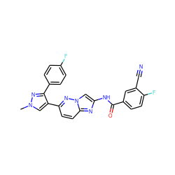 Cn1cc(-c2ccc3nc(NC(=O)c4ccc(F)c(C#N)c4)cn3n2)c(-c2ccc(F)cc2)n1 ZINC001772580929