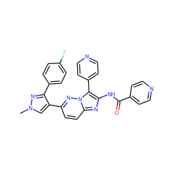 Cn1cc(-c2ccc3nc(NC(=O)c4ccncc4)c(-c4ccncc4)n3n2)c(-c2ccc(F)cc2)n1 ZINC000220874767