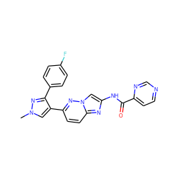 Cn1cc(-c2ccc3nc(NC(=O)c4ccncn4)cn3n2)c(-c2ccc(F)cc2)n1 ZINC001772581331