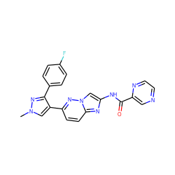 Cn1cc(-c2ccc3nc(NC(=O)c4cnccn4)cn3n2)c(-c2ccc(F)cc2)n1 ZINC001772600653